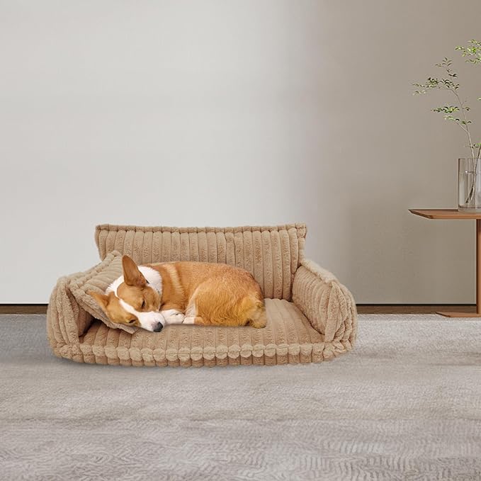 Pet Couch Bed for Dog and Cat, Plush Calming Couch for Pets with Removable Washable Cover, Modern Sofa Style Pet Bed for Home Living Room (Camel Color)