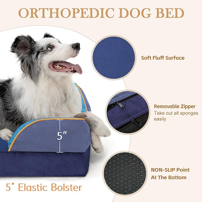 Comfort Expression Orthopedic Dog Bed for Extra Large Dogs 42x30 Inch, Waterproof Egg Crate Foam XL Pet Bed with Removable Bolsters, Dog Couch with Washable Cover & Non-Slip Bottom, Hidden Bay