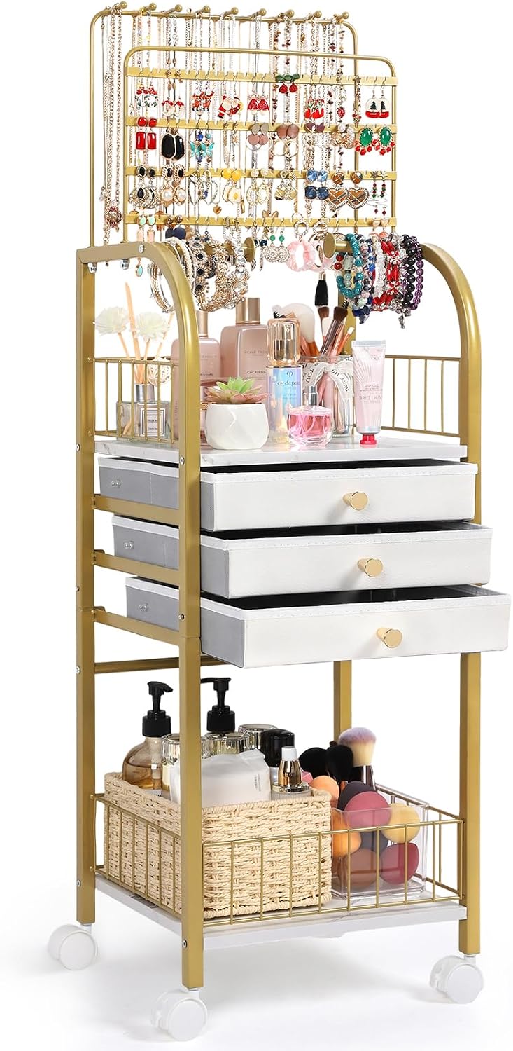 Keebofly Large Floor Jewelry Organizer Stand with 3 Drawers - Gold