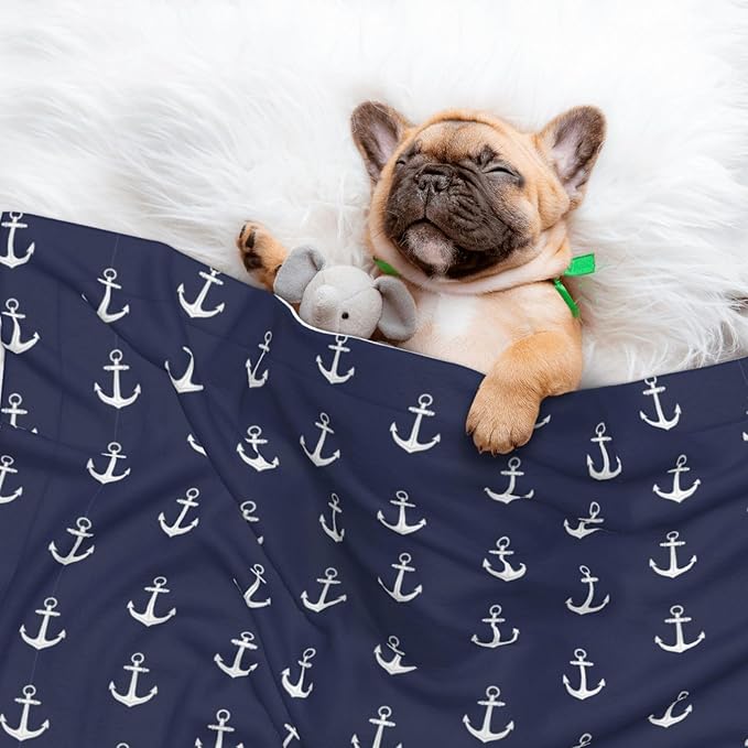 Double Sided Plush Pet Blanket with Cozy Dot Texture and Smooth Reverse, Nautical Anchor Navy, Reversible Throw for Dogs Cats on Couches Beds Crates
