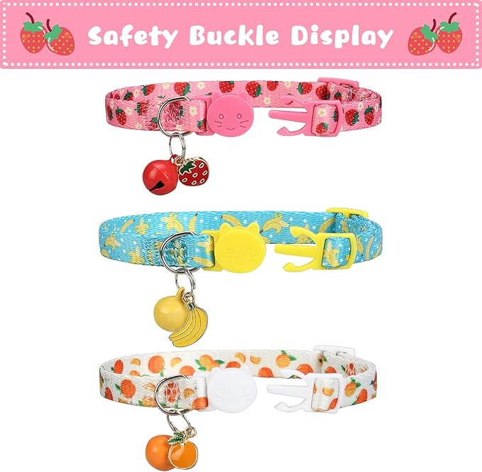Breakaway Cat Collars with Bell & Cute Pendants, 3 Pack Safety Buckle Kitten Collars, Adjustable Pet Collar Ideal for Girl Boy Cats Puppy (Fruit Pattern)
