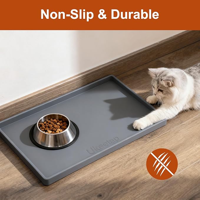 Extra Thick Silicone Mat Waterproof with Raised Edge 19” x 12”, BPA Free Non-Slip Dog & Cat Food Mat, Feeding Mat for Food and Water Bowls, Spill Proof Mat to Protect Floors, Gray