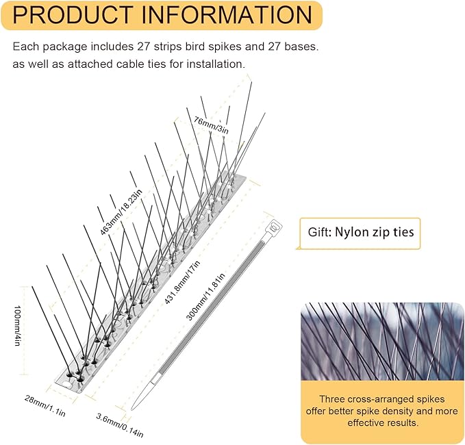 OFFO Bird Spikes with Stainless Steel Base, Durable Bird Spikes Arrow Pigeon Spikes Fence Kit for Keeping Small Bird, Crows and Woodpeckers Away, Covers 38.3 Feet(11.7m)
