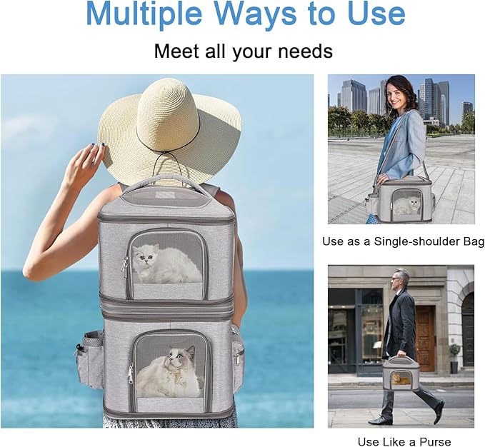 Detachable Double Pet Carrier Backpack for Cats and Small Dogs, Cat Travel Carrier for 2 Cats, Perfect for Traveling/Hiking/Camping, Grey