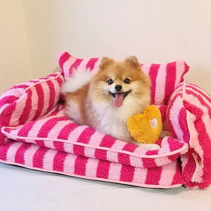 Lazy Holiday Plush Cozy Dog & Cat Sofa Bed, Teddy Velvet Dog Bed, Trendy Striped Faux Lambswool Double Layer Dog & Cat Sofa Bed Dogs Sleeping Mat for Medium Small Dogs & Cats (Black and White,L)