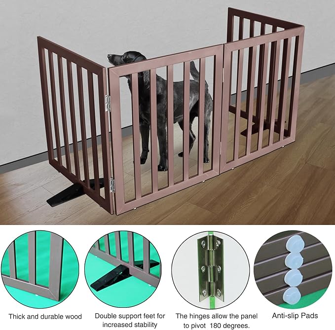 ZJSF Freestanding Indoor Dog Gate for House Foldable Wood Puppy Gate for Doorways Pet Gate for Stairs Extra Wide Pet Fence, Brown, 32" Height 4 Panels