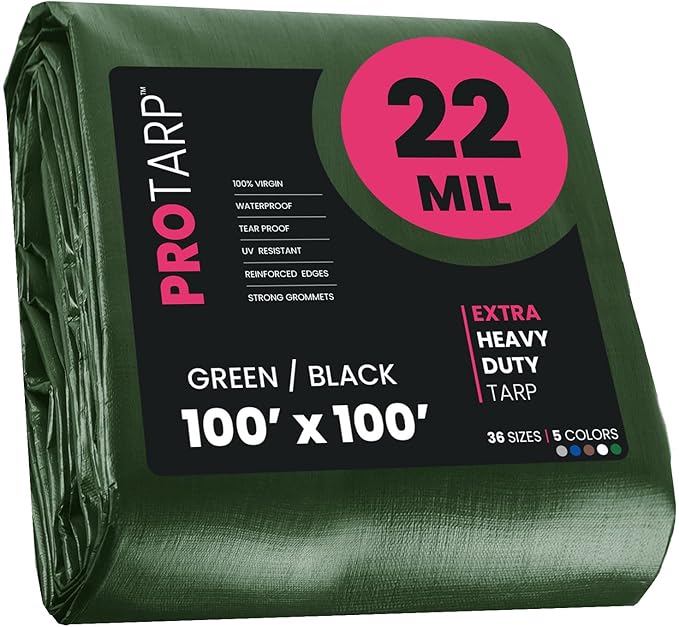 PROTARP Extreme Heavy Duty 22 Mil Tarp Cover, Waterproof, UV Resistant, Rip and Tear Proof, Poly Tarpaulin with Reinforced Edges for Roof, Camping, Patio, Pool, Boat. (Green/Black 100′ X 100′)