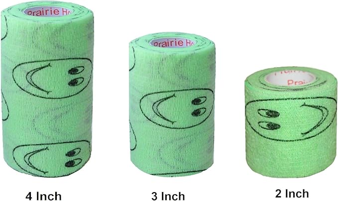 Vet Wrap Wrap Tape (Green with Smiles Pattern) (2 Pack) (3 Inch x 15 feet) Self Adhesive Adherent Adhering Cohesive Flex Self Stick Bandage Grip Roll Dog Cat Pet Horse