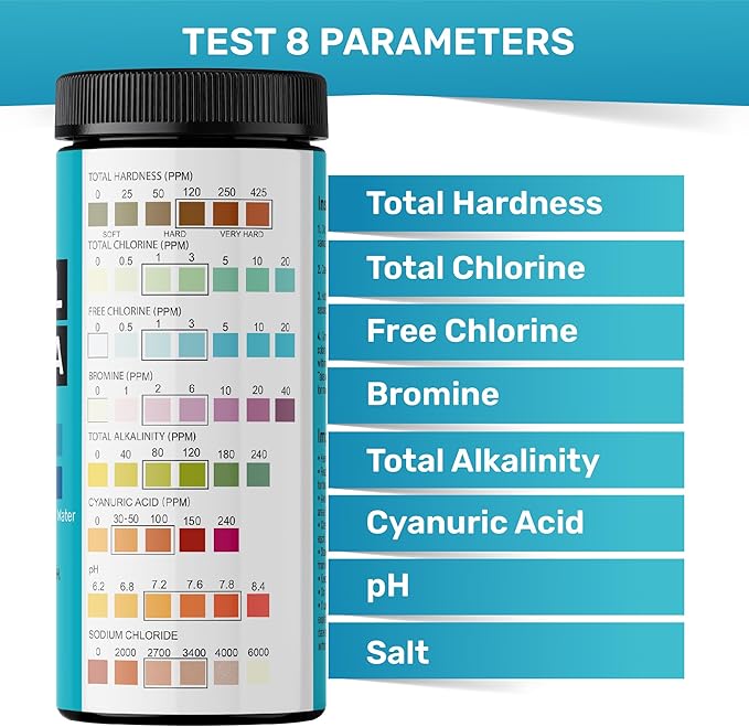 Pool Test Strips 8-in-1, 150 Quick and Accurate Pool and Hot Tub Test Strips - Pool Water Testing Kit for Chlorine, Bromine, pH, Hardness, More - All in 1 Swimming Pool Test Strips by JNW