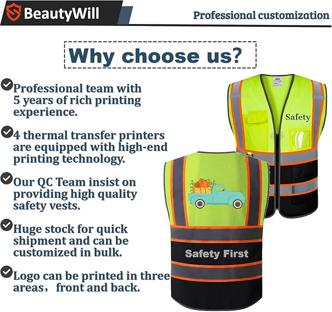 BeautyWill Custom Mesh Safety Vest Customized Logo Class2 High Visibility Reflective Vest with Pockets Construction workwear（Yellow Black，4XL ）