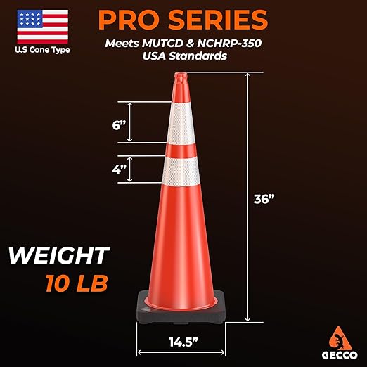 GECCO ™ (108 Cones per Pallet) 36 Inch 10 Lb Heavy Tall Orange Traffic Cones in Bulk | Large Safety Cones, Orange Cones, Parking Cones, Construction Cones | PVC Plastic & Black Base - [PRO Series]