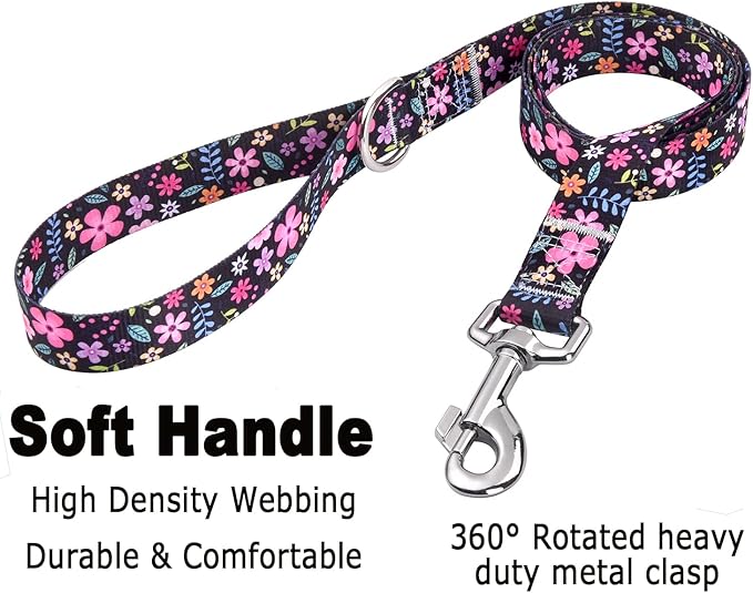 Dog Collar and Leash Set with Bohemia Floral Tribal Geometric Patterns - Soft Ethnic Style Collar Adjustable for Small Medium Large Dogs(Floral Set,L)