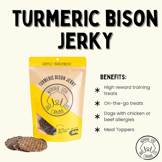 Winnie Lou Turmeric Bison Jerky Dog Treats – Limited Ingredient, Human Grade, Training Treats for Small, Medium & Large Dogs, USA Made, High Protein, Chews, Hypoallergenic, Sensative Stomach (1 Pack)