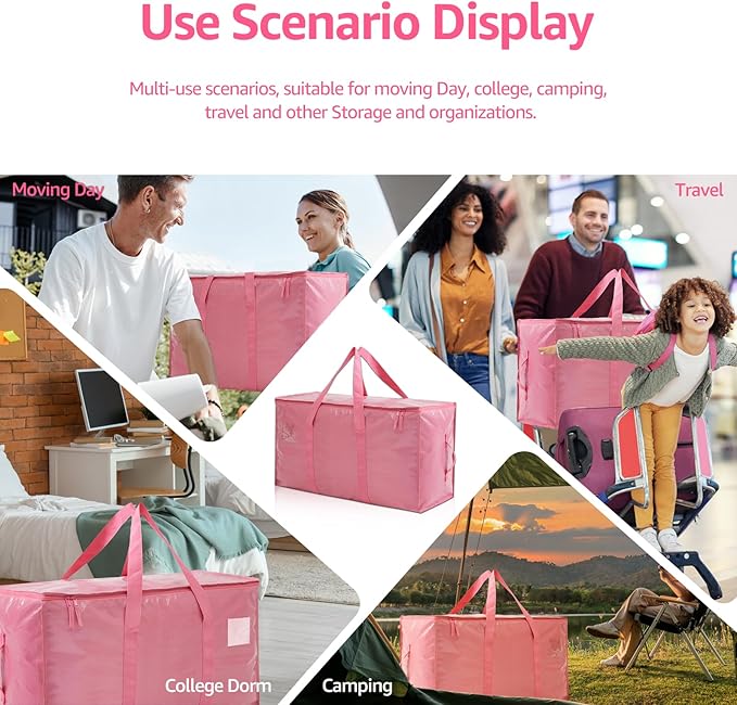 Moving Bags Heavy Duty Extra Large, Moving Boxes, Moving Supplies Essentials,Storage Bins with Lids, Plastic Packing Totes, Storage Bags for Clothes with Handles & Zippers(Pink, 4 Pack)