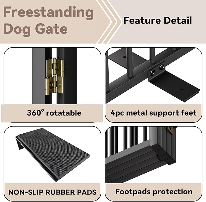 Full Metal Freestanding Dog Gate with Door, 32''Height Foldable Pet Dog Fence for Indoor & Outdoor, 4 Panels Extra Wide Free Standing TallDog Gates for Doorways,House,Stairs,Porch,Deck,Yard