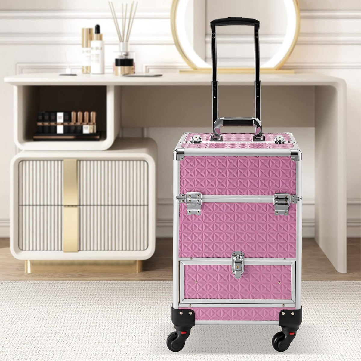 Rolling Makeup Train Case,Professional Aluminum Trolley Case with 4 Detachable Wheels,Nail Polish Organizer with 7 Compartments and a Drawer,for Storing Scissors Makeup Jewelry (Pink Style A)