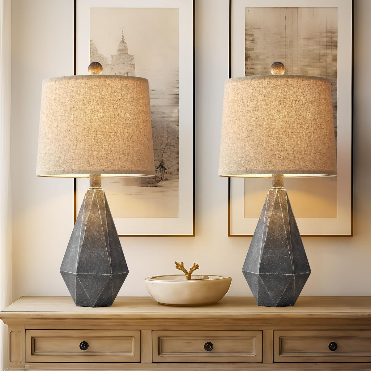 PoKat 20.25" Rustic Farmhouse Table Lamp Sets of 2 for Living Room Bedroom Deep Grey Contemporary Classic Bedside Nightstand Lamp with White Fabric Shade, Suitable for Small Place