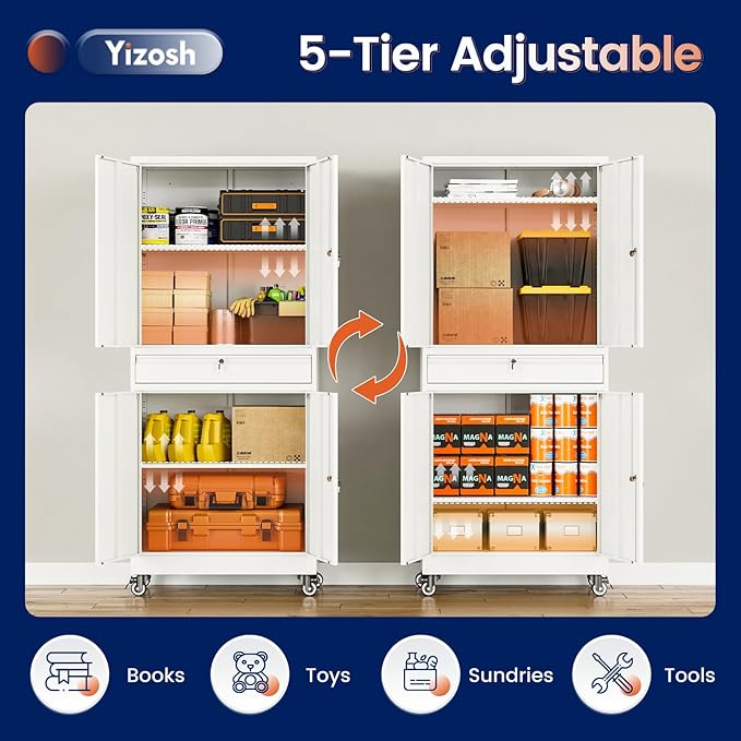 Yizosh Metal Garage Storage Cabinet with Locking Doors and Adjustable Shelves, 73" Rolling Tool Storage Cabinet with 4 Wheels and 1 Drawer for Garage,Warehouse
