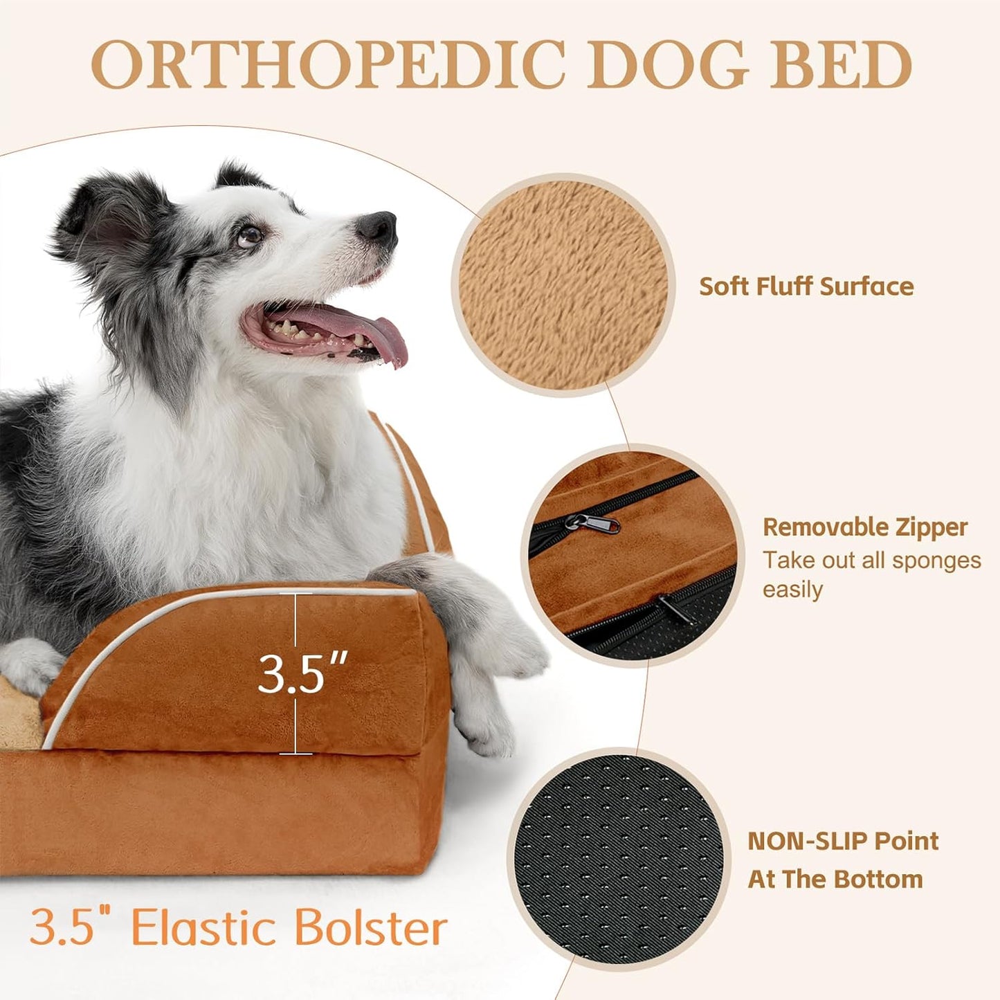 Comfort Expression Small Dog Beds Waterproof Cat Beds Orthopedic Foam Sofa Beds for Small Dogs Comfy Pet Bed with Washable Removable Cover & Non-Slip Bottom(XX-Small,Caramel)
