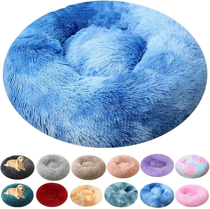Calming Large Dog Bed & Cat Bed, 43 Inch Anti-Anxiety Donut Dog Cuddler Cat Bed, Warming Cozy Soft Dog Round Bed, Fluffy Faux Fur Machine Washable Pet Cushion for Medium Dogs & Cats (Blue White)