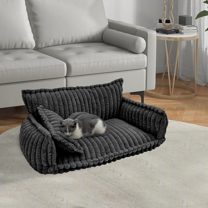 Pet Couch Calming Bed, Pet Couch with Removable Washable Cover, Plush Pets Sofa for Indoor Use, Supportive Orthopedic Dog Bed (Dark Grey)