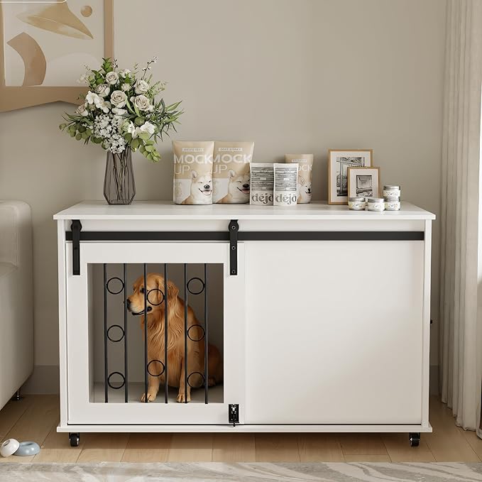 39.37'' Modern Wooden Dog Crate Furniture with Sliding Barn Door and Side Door, Indoor Dog Kennel End Table for Small to Medium Dogs, Decorative Pet Crate with Metal Bars and Lockable Wheels