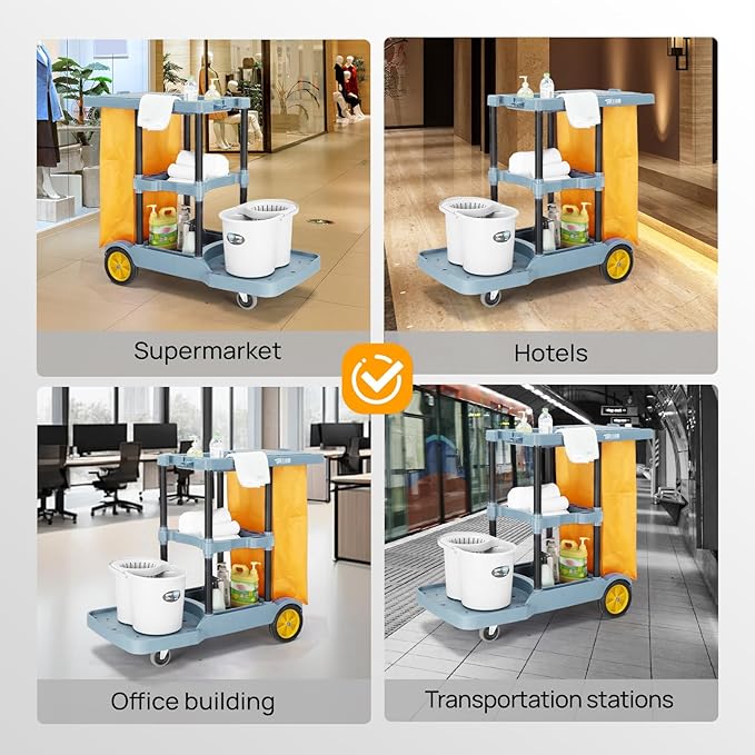 TUFFIOM Commercial Traditional Cleaning Janitorial 3-Shelf Cart, 500 Lbs Capacity Housekeeping Cart, 42.5" L x 18.7" W x 37.6" H, Wheeled with 22 Gallon Yellow Vinyl Bag and Cover w lid, Blue