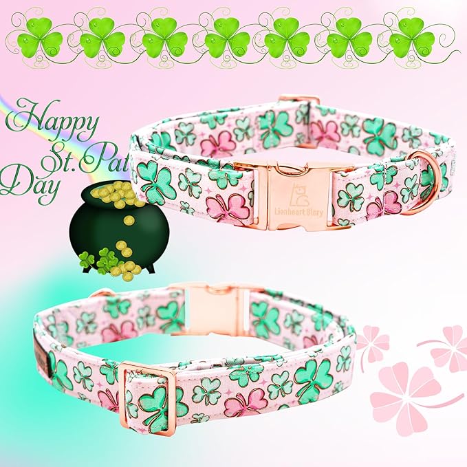 Lionheart glory St. Patrick's Day Dog Collar with Flower Dog Collar for Large Dogs, Green Collars Lucky Clover Shamrock Dog Collar Flower Pet Collar Bows Heavy Duty
