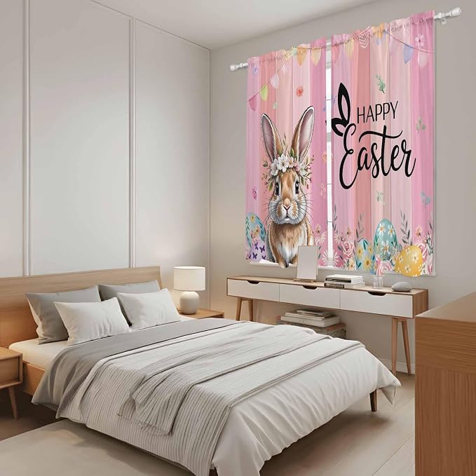 Easter Kitchen Curtains, Spring Rabbit Eggs Flowers Flags Leaves Wood Grain