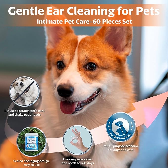 OBSEDE Dog & Cat Ear Wipes, Finger Sleeve Design for Gentle Wax & Dirt Reduce, Odor Control, Fresh Coconut Scent, Easy At-Home Pet Grooming, 120 Count