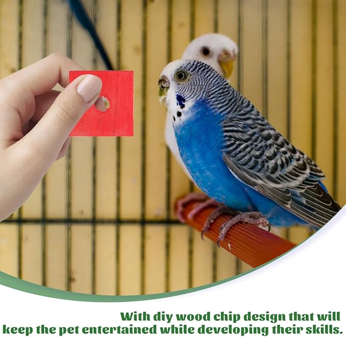 NOLITOY 100Pcs Wooden Parrot Chewing Toy Blocks with Hole Bird Bite Toy for Cockatiels Parakeets Macaws African Grey DIY Wood Chip Design for Pet Entertainment and Skill Development