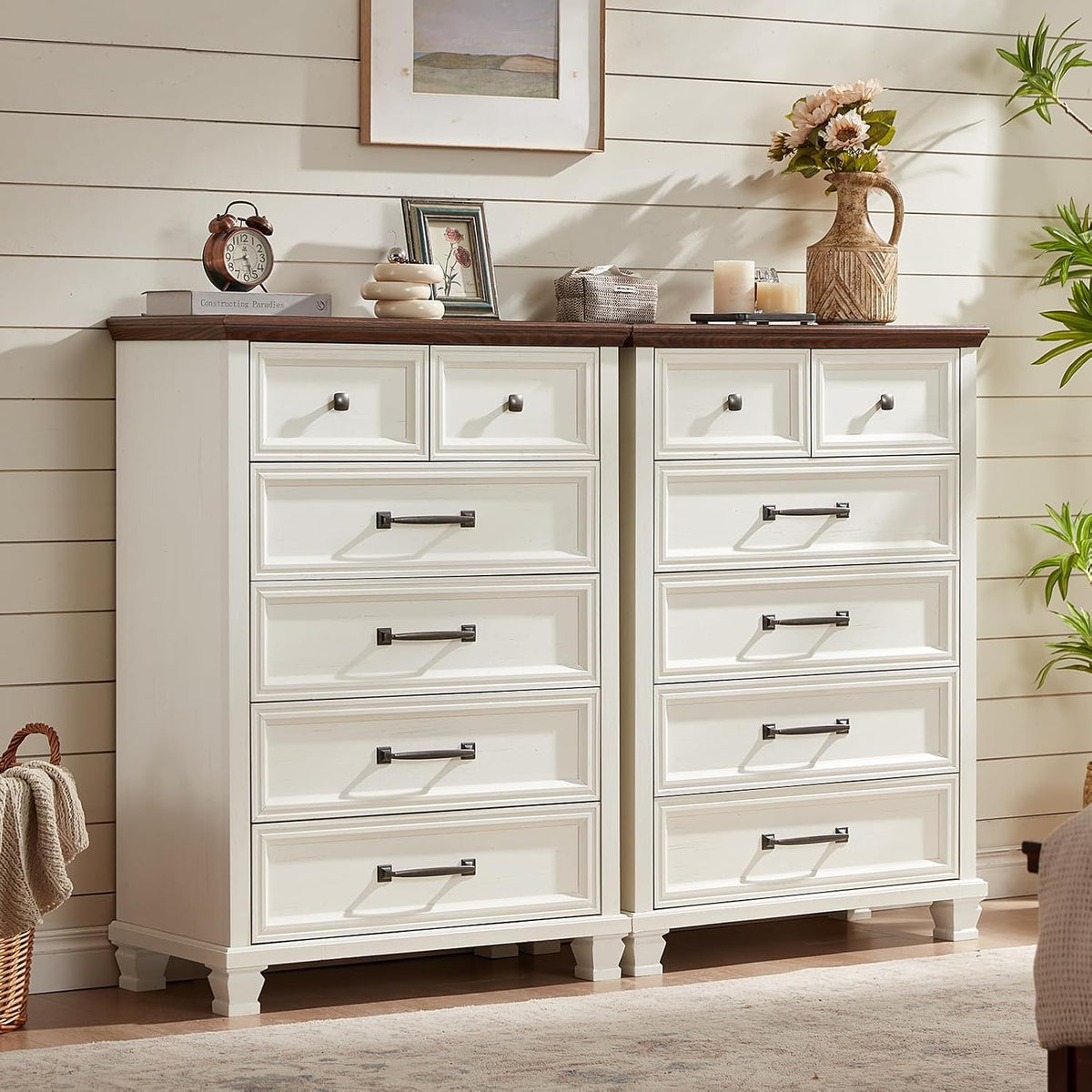 SAVOR LIFE Farmhouse 6 Drawer Dresser for Bedroom, 45 Inch Tall Vintage Wood Chest of Drawers, Rustic Dressers w/Square Wooden Legs, Mid-Century Storage Organizer for Living Room, Hallway, White