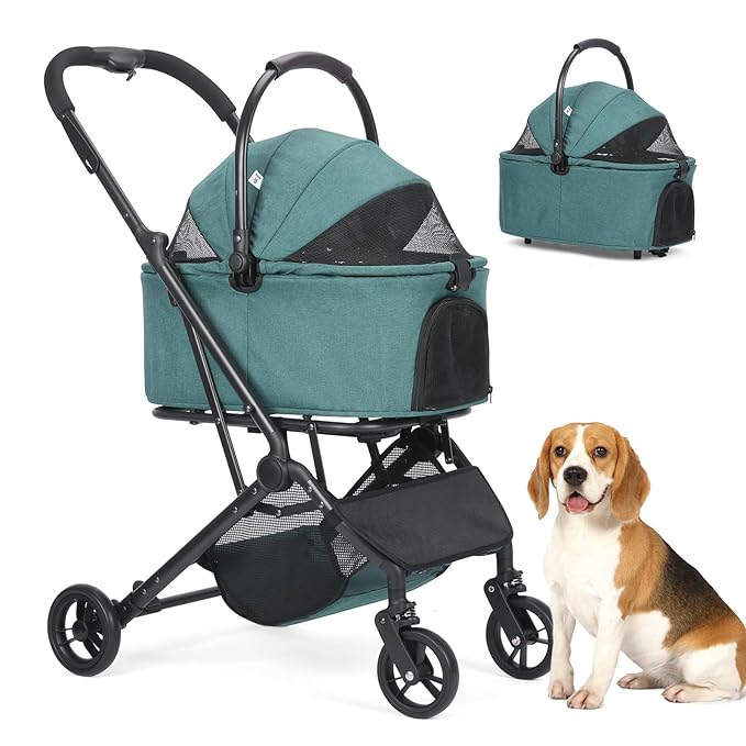 Wdyvko 3 in 1 Dog Stroller, Upgraded Frame, Up to 44lbs Pet Stroller with Dog Poop Bags & Dispenser, Zipperless Entry, Storage Basket & Pouch for Small Dogs Cats (Dark Green)