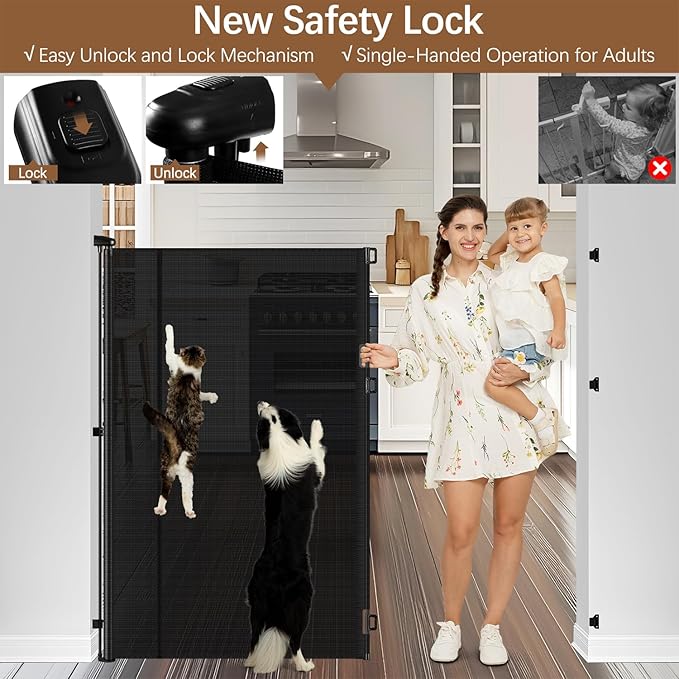 Reinforced 55" Extra Tall Pet Gate for Doorway - No Jumping Over, 55" Wide Retractable Baby Gates with Support Rods - No Crawling Under, Climb Proof Cat Gate for Stairs Tall Retractable Dog Gate/Black