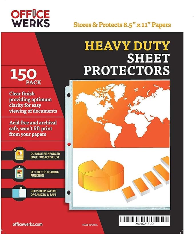 Office Werks Archival-Quality Document Protectors | Reinforced Clear Sheet Sleeves | Acid-Free 150 Pack | Heavy-Duty 3-Ring Binder Compatible | Transparent Letter-Size Page Covers
