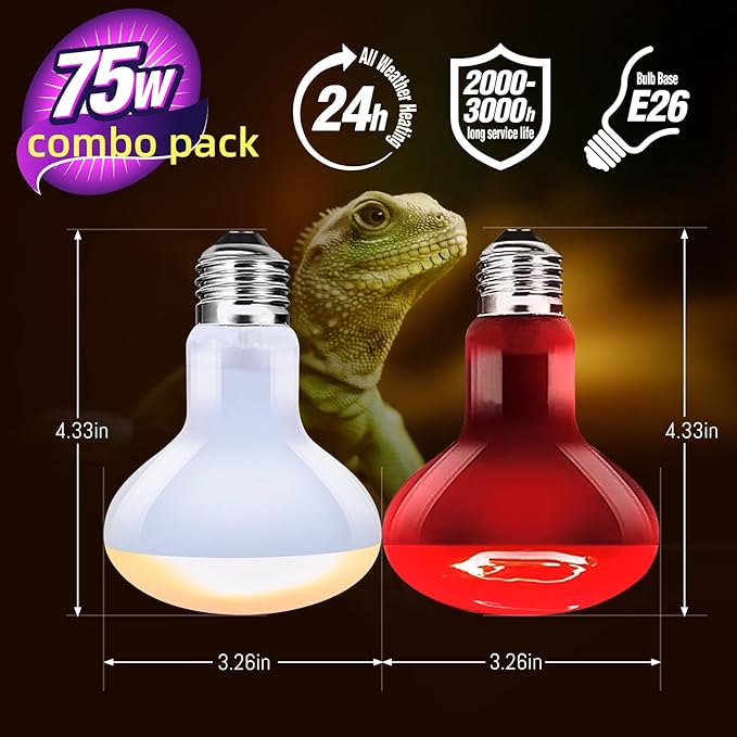 Leoterra 75w Heat Lamp Bulbs Day and Night Heat Lamp Bulbs Combo Pack, Dimmable Heat lamp for Reptiles, E26 Base,Easy to Install,Long-Lasting Reptile Heating Bulb