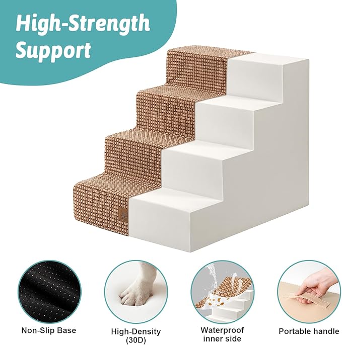Dog Stairs for Small Dogs, 17.7" Extra Wide Right-Angle Pet Stairs for Couch and Beds, Anti-Slip Dog Steps for Old Cats and Lowrider, 17.7x23.6x17.7 inch,Light Brown