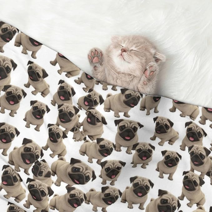 Reversible Plush Dot Pet Blanket for Dogs and Cats, Cute Pug Dog, Ultra Soft Two Sided Design with Warm Fuzzy Side and Smooth Side for Comfort