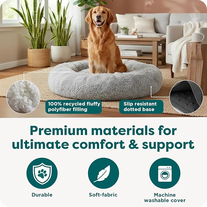 Furhaven 45" Round Calming Donut Dog Bed for Large Dogs, Refillable w/ Removable Washable Cover, For Dogs Up to 90 lbs - Shaggy Plush Long Faux Fur Donut Bed - Taupe, Jumbo/XL