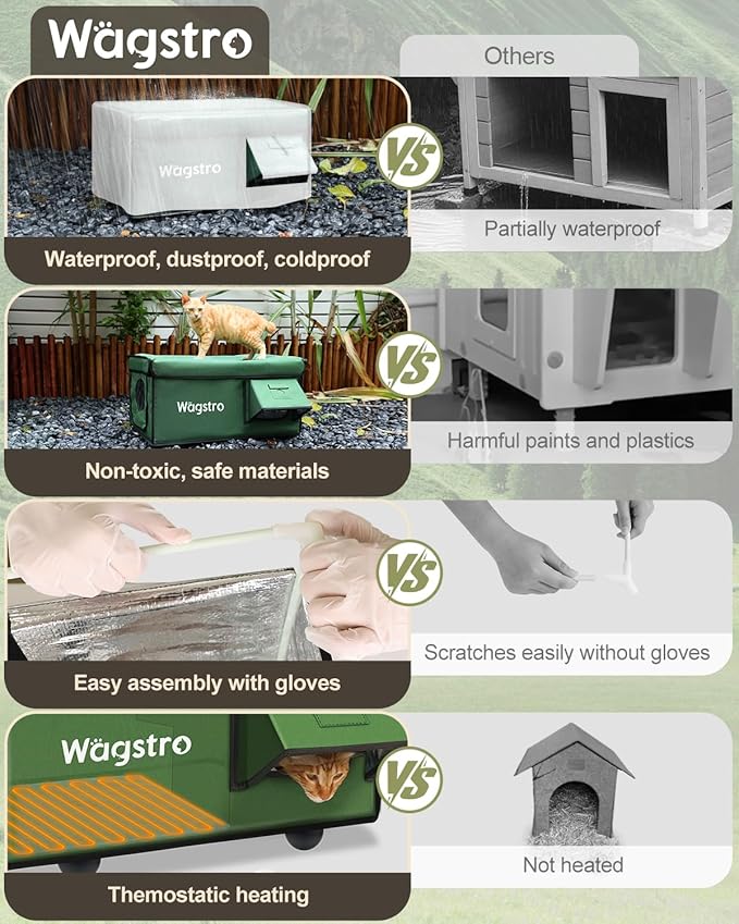 Heated Cat House for Outside, Waterproof Awning & Escape Door Heated Cat Houses for Indoor/Outdoor Cats in Winter, Elevated & Insulated Outdoor Cat Shelter for Feral Cat(Green, 25.2"x16.5"x12.2")