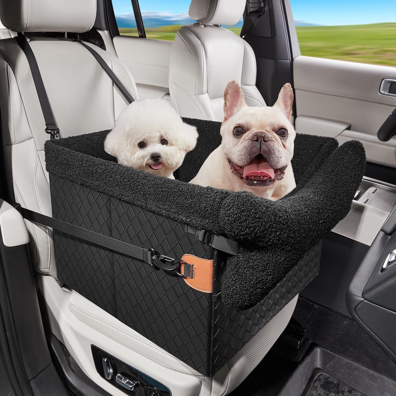 Dog Car Seats for Small Medium Dogs,PU Leather Car Seat Boosters,Foldable Puppy Cat Carseats (Black, Medium Dog)