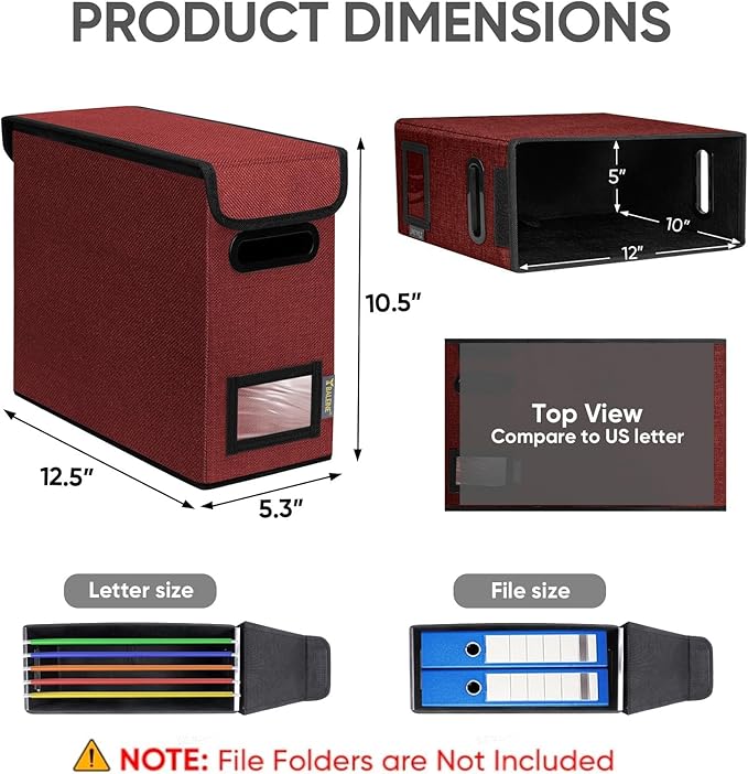 BALEINE File Organizer Box with Lid, Collapsible File Folder Organizer with Plastic Slide, Hanging File Folder Box for Office Document Storage (2 Pack, Red, S)