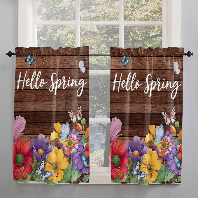 Spring Flowers Tier Curtains 45 Inches Long, Watercolor Farmhouse Colorful