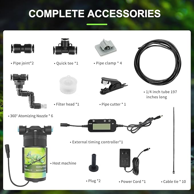 Reptile Mister System with Timer, Reptile humidifier with 6 Spray nozzles,self-Priming Pump Low Noise， misting System for Reptiles of Amphibians, Tanks, Paludarium