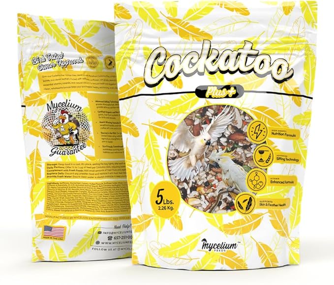 Mycelium Organic Cockatoo Plus Bird Seed (5 LB Bag) | Premium Bird Food for Cockatoos & Parrots | High-Protein, Vitamin-Fortified Daily Nutrition | Skin & Feather Support | Non-GMO, USA Made