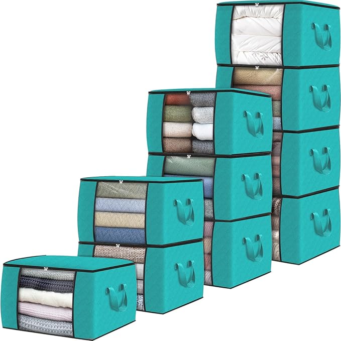 Fab totes Storage Bags,Clothes Blanket Storage Bins Foldable Closet Organizers with Reinforced Handle for Home Dorm Storage and Organization,Fabric Bags for Organizing Sheets,Clothing (Green,10 Pack)