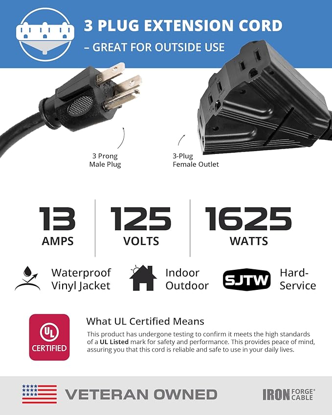 Iron Forge Cable 25 Ft Black Extension Cord with 3 Outlets - 16/3 SJTW 25 Foot Extension Cord 3 Prong, Weatherproof Exterior Power Cable for Outdoor