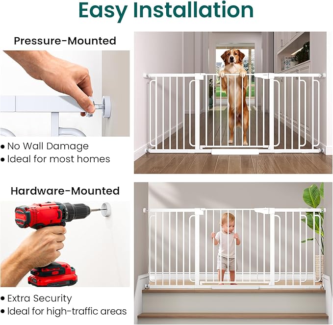 Cumbor Extra Wide Baby Gate, 36.6-69" Walk-Through Dog Gate for Stairs, Doorways & Hallways, 30.5“ Tall, Auto-Close & Dual-Swing Safety Child Gate Indoor, Easy Install Pressure-Mounted Pet Gate, White