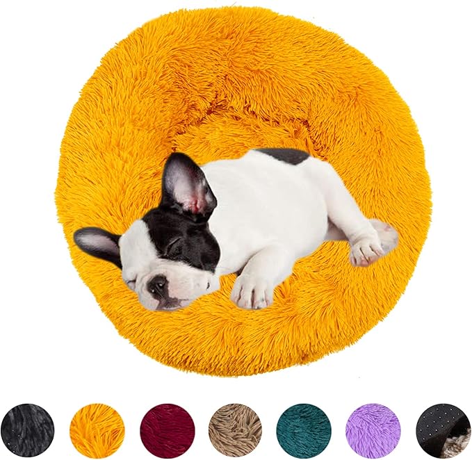 huraty Plush Dog Bed for Small Medium Dogs, Fluffy Donut Round Pet Cat Beds, Anti-Slip & Anti-Anxiety, 24 Inch for Puppy and Kitties, Gold, M