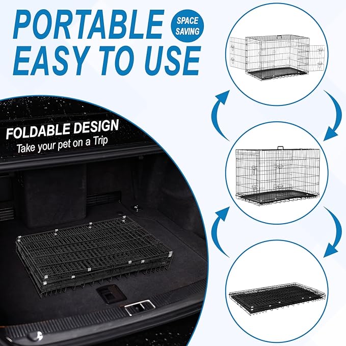 Dog Crate, Wire Kennel with Divider Panel, Metal Cages with Double Door, Leak-Proof Pan Tray, Folding Portable Pet Dog Cage for Indoor Outdoor Travel (Black, 48")